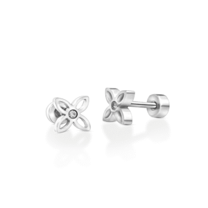Four Petal Diamond Screw Back Earrings - 18k White Gold Vermeil, 4mm
